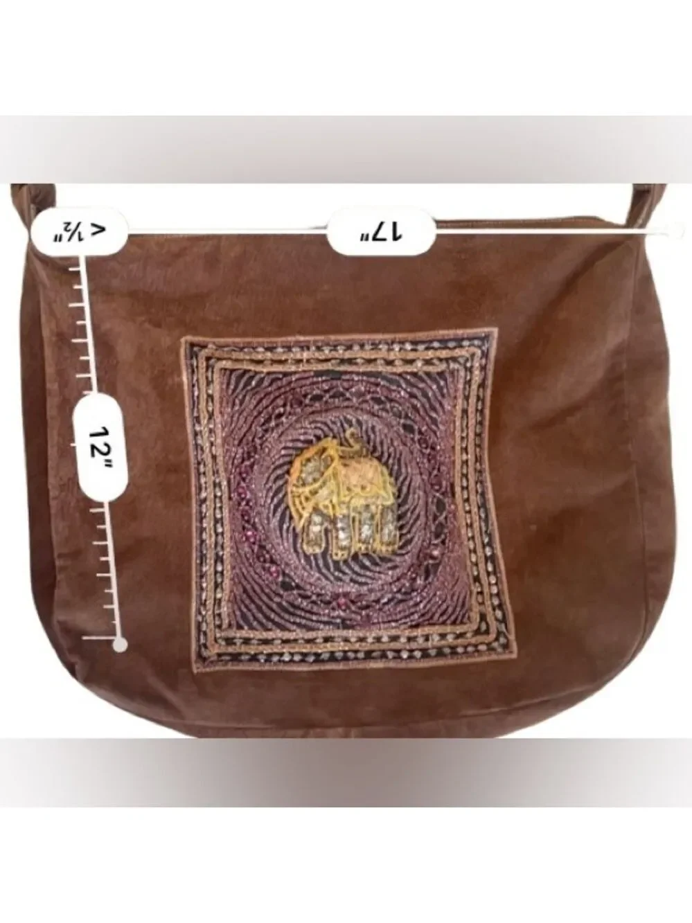 Vintage Rare Italian Beaded Brown Suede Elephant Boho Large Crossbody Hobo Bag
